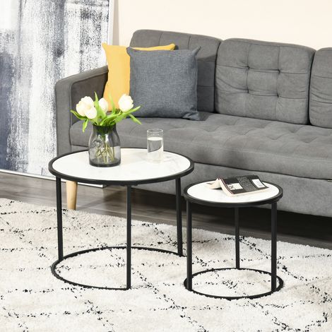 Ensemble de 2 tables d'appoint rondes empilables, gigognes, avec plateau effet marbre, Ø60x46 cm et Ø40x40 cm, blanches (1/5)