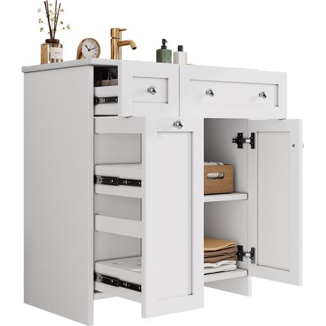 CHICFURN Mueble de baño con lavabo cerámico blanco, freestanding, 76 x 47 x 86 cm, con 3 cajones, 1 puerta, cierre suave, acabado lacado y 8 compartimentos (1/5)