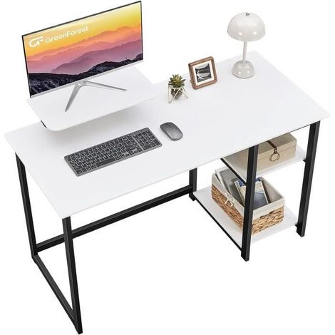 Bureau moderne droit blanc en bois - Support écran - Étagère réversible - 100 cm (1/4)