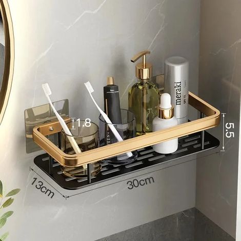 (Carré Or) Étagère de salle de bain, rangement pour maquillage, porte-shampoing en alliage d'aluminium, accessoires de salle de bain, étagère murale sans perçage (1/5)