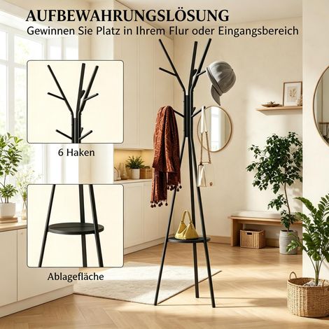 Appendiabiti da terra 45x45x180 cm in metallo e MDF nero con ripiano, per ingresso – MEUBLIV (1/5)