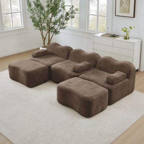 Canapé Modulaire en U 3 Places avec 2 Ottomans, Mousse 32D Haute Densité, Forme Vague, Assise Profonde, Coussin Accoudoir, Marron (1/5)