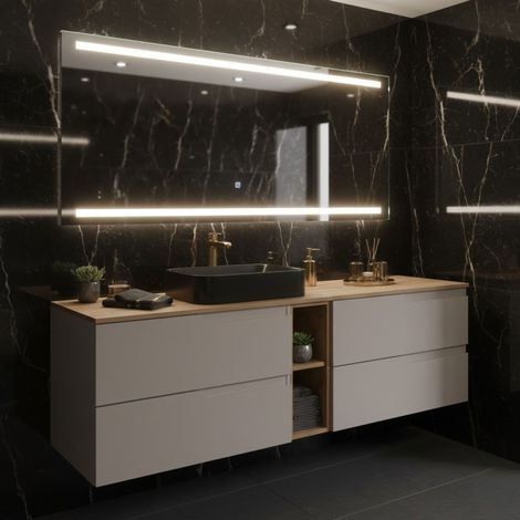 Meuble de salle de bain suspendu 140 cm, beige et brun, plan de toilette, 4 tiroirs, étagère intégrée, sans vasque – MODERN