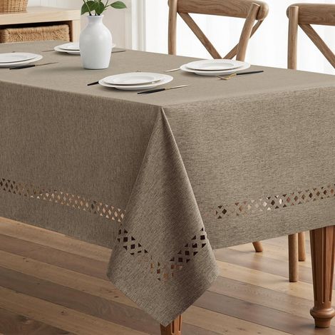 Nappe Khaki Aspect Lin Rectangulaire 140x240cm avec ourlet à jour