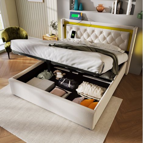 lit adulte double rangement LED USB 140x200 coton beige OKMYHOME (1/5)