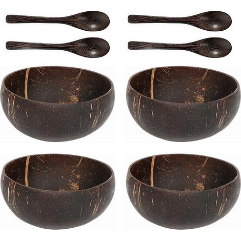 Lot de 4 bols en noix de coco naturelle pour riz, dessert et salade (1/5)