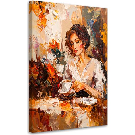 Stampe su Tela, Donna che beve caffè imitazione vernice, 40x60