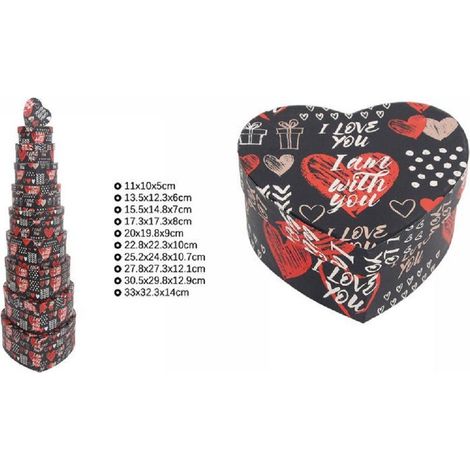 TrAdE Shop Traesio - Set 10pz Scatole Box Regali Varie Misure Matrioska Forma Cuore Nera Scritte 71970 -