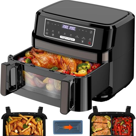 Air Fryer 12L Réglable Une ou Deux Chambres Grande Friteuse Sans Huile, 8-en-1 Friteuse Air Fryer XXL Contrôle Température Indépendante max 200℃, 2600W AirFryer Double Compartiment a Fenetre Visible