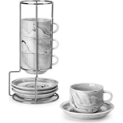 Set de tasses à expresso de 4, tasses à expresso à parois épaisses de 75 ml avec soucoupes et support, tasses à expresso italiennes empilables en porcelaine grise, lavables au lave-vaisselle (1/5)