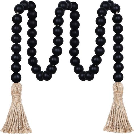 Ghirlanda di perline di legno 99 cm con pom-poms, perle di boemia versatile per una decorazione da parete elegante (nero) (1/5)