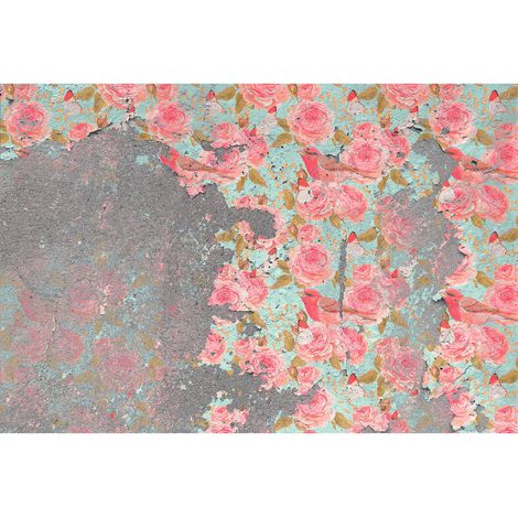 Papier peint panoramique béton et fleurs | Tapisserie panoramique turquoise et rose | Papiers peints panoramiques pour salon - 270 x 400 cm (4 pièces) (1/2)