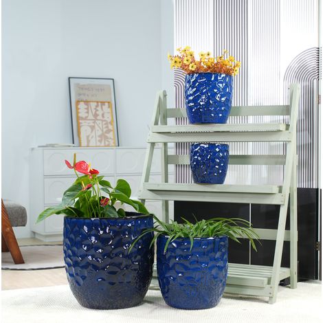 Pot de fleurs en céramique Ø22,5 x 23,8 cm bleu marine, avec drainage pour salon FloraGrace (1/5)