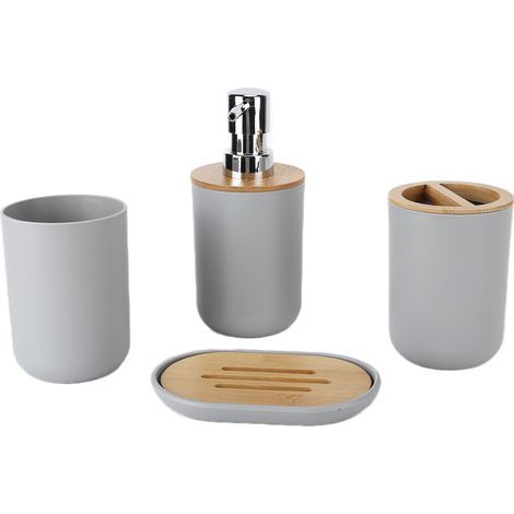 Ensemble d'accessoires de salle de bain en bambou, 4 pièces, étanche, Durable, cadeau, tasse de brosse à dents, pour la maison, hôtel, gris (1/5)