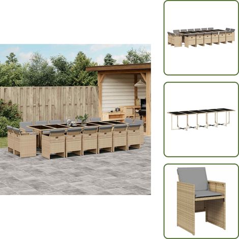 The Living Store 17-tlg. Garten-Essgruppe mit Kissen Beigemischung Poly Rattan - Gartengestell - Gartenmöbel Set - Outdoor Möbel - Terrassenmöbel - Esstisch (1/5)