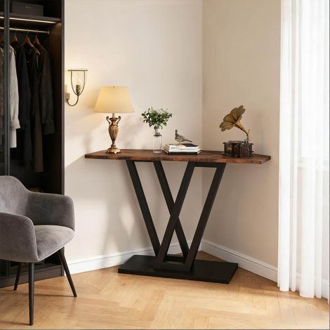 Mesa consola 110x30x80 cm, diseño estrecho, patas metálicas en V, metal y madera, negro y marrón rústico (1/5)