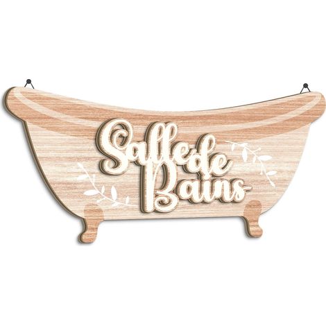 Plaque murale forme baignoire, enseigne décorative rustique scandinave, effet bois clair, lettrage blanc, décoration salle d’eau WC maison hôtel spa gîte (1/5)