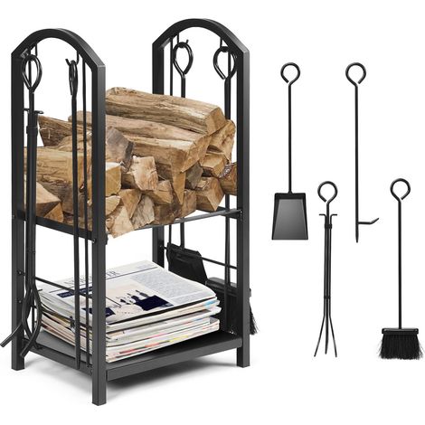 Fireplace Log Rack with 4 Tools Set Fireside Firewood Holder (1/5)