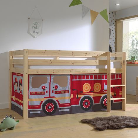 Cama de media altura 90x200 con somier y funda Bombero Vipack Pino Madera