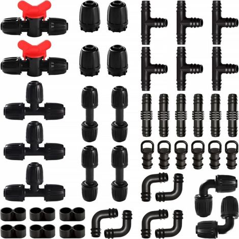 Set di 45 raccordi per irrigazione per tubi da 16 mm, connettori per tubi di irrigazione, connettori per tubi da giardino, connettori a innesto rapido per tubi di sistemi di irrigazione, neri