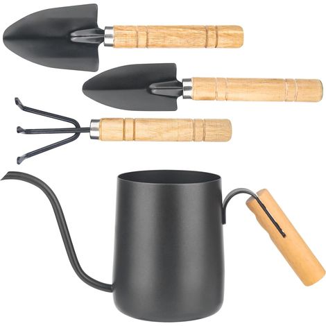 Regadera negra XTDMJ de 350 ml para plantas pequeñas de interior con 3 herramientas de jardín, mini regadera de acero inoxidable y pico largo, ideal para plantas de interior y jardín. (1/5)