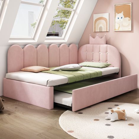 MEUBLIV Lit banquette avec lit gigogne 90 x 200 cm en velours rose design couronne et grille l forme convertible pour chambre enfant chambre d hote et petit espace (1/5)