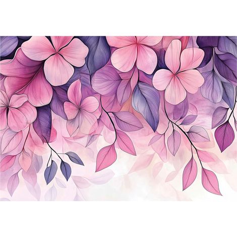 Papier peint panoramique fleurs rose violet intissé 200x140 cm mural salon chambre déco murale (1/5)