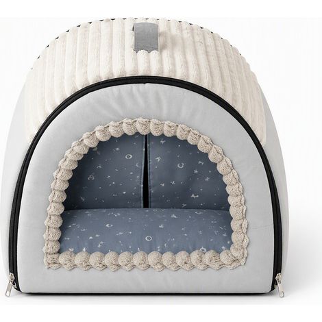 Niche fermée avec rideau pour chien blanc cassé M 40 x 35 cm (1/5)