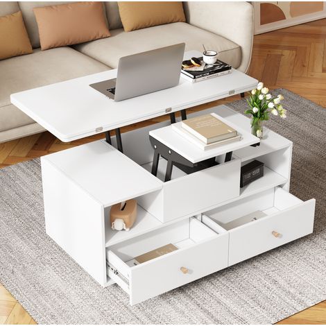 Table basse relevable et extensible avec 4 tiroirs, 100 x 50 x 47,5 cm, MDF blanc OKMYHOME (1/5)