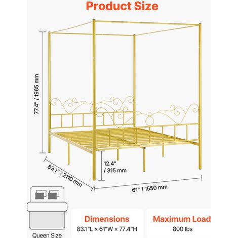 Cadre de Lit à Baldaquin Queen Size, Cadre à 4 Colonnes avec Tête de Lit en Métal, Support à Lattes en Acier Robuste, avec Espace d… (1/5)