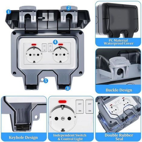 Prise Étanche Extérieure - IP66 - 220-250V 16A - Double Prise EU - Pour Cuisine Salle De Bain Garage Piscine - 1 Pièce (1/5)