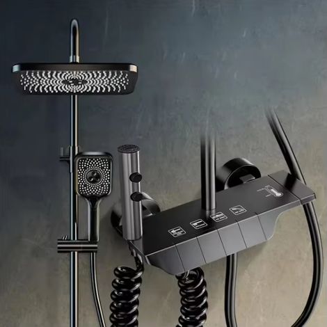 Set rubinetto doccia, 4 funzioni: termostato doccia, doccia calda e fredda, miscelatore, nero (senza display) (1/5)