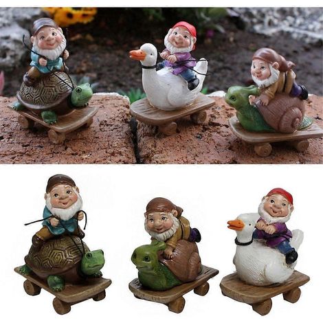 Ensemble de décorations miniatures en résine représentant des nains sur des skateboards. (1/4)
