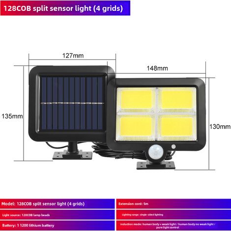 Wasserdichte Solar-Außenleuchte mit Bewegungsmelder, duale Beleuchtung, Gartenleuchte, Wandleuchte, Garagenleuchte, Solarlampe (128 Split-Induktions-COB) (1/5)