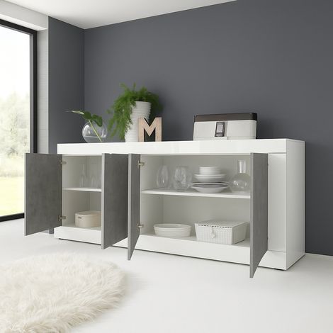 Poli-Sideboard, 2 Regale, 4 Fächer, Made in Italy, 4 Türen, 207x43x86h cm, Weiß Hochglanz (1/4)