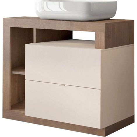 ARTURO - Meuble Vasque 92cm 2 tiroirs beige laqué et aspect bois finition Mercure