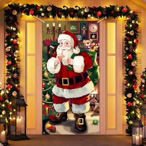 RHG Couverture de Porte Père Noël - Décoration de Bannière de Noël - Toile de Fond Suspendue pour Vacances Hiver Porte d'Entrée Maison (Vintage)