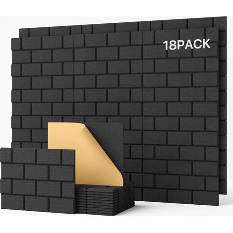 Lot de 18 panneaux acoustiques autocollants muraux rectangulaires - Type de brique - Pour traitement acoustique et décoration murale - 30 x 40 x 0,9 cm - Noir (1/5)
