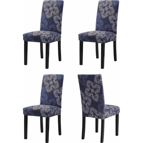 Stuhlhussen 4er Set, Stretch Esszimmerstuhlbezug, abnehmbar, waschbar, blau-weißer Würfel (1/5)