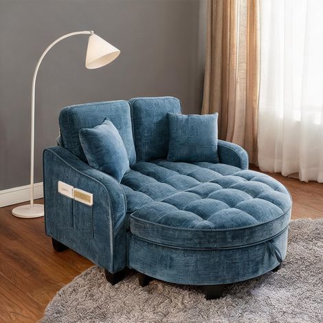 Canapé-lit bleu convertible en tissu et bois d'eucalyptus 132 cm (1/5)