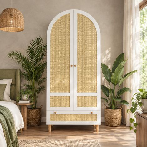 Armario 80 x 50 x 180 cm de MDF blanco con puerta de diseño arqueado, barra y cajón DESVIAE (1/5)