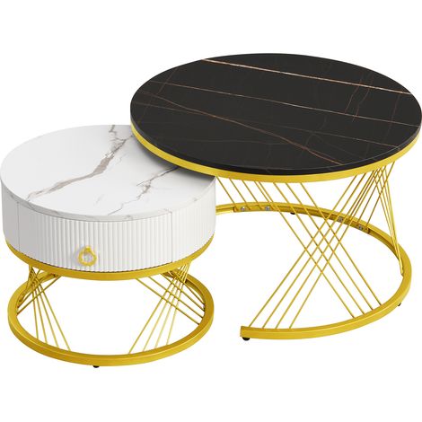 Table basse modulable élégante effet marbre avec décoration dorée, table d’appoint avec tiroirs, lot de 2