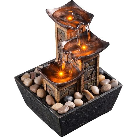 Fontaine de table de relaxation à 3 niveaux, simulation, colonne en pierre, fontaine d'eau, son apaisant, fontaine de méditation avec pierres et éclairage réfléchissant (21110) (1/5)