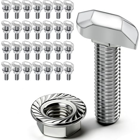 Lot de 28 vis à tête marteau M6 x 30 - En acier inoxydable A2-70 - Vis à tête marteau M6 - Avec écrous à dents de blocage - Écrous à bride - Vis M6 - Pour rails de montage solaires PV, serre et profil (1/5)