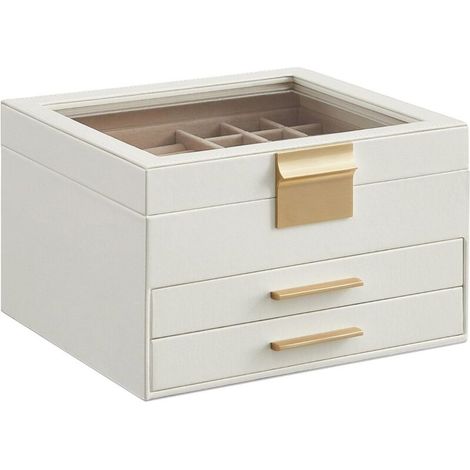 Coffret à bijoux à trois niveaux - Couvercle en acrylique - Double tiroir - Grand espace de rangement - Style moderne - Cadeau idéal pour vos proches - Or blanc nuage