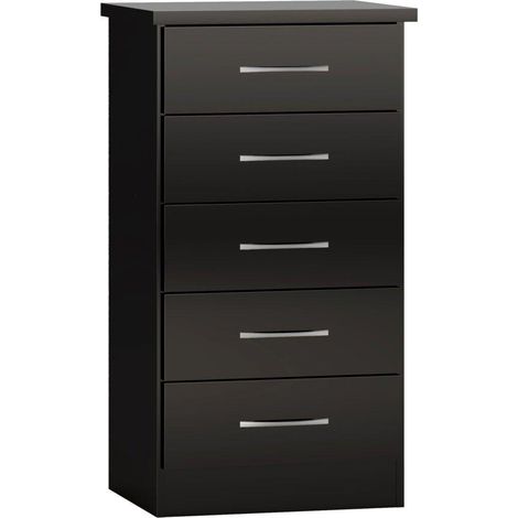 Nevada 5 Drawer Narrow Chest - L40 x W50 x H93 cm - Black Gloss