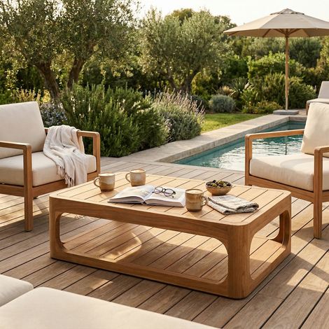 Naturel Garten-Couchtisch aus massivem Teakholz, 122x86x35 cm, zwei Tischplatten und abgerundete Ecke (NATOFTB12286S)