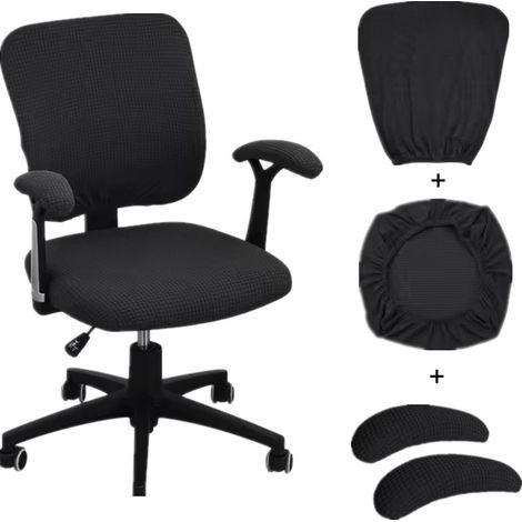 CCYKXA Set of 4 universal and stretchable office chair covers for computer, including a seat, armrests and swivel backrest (black).