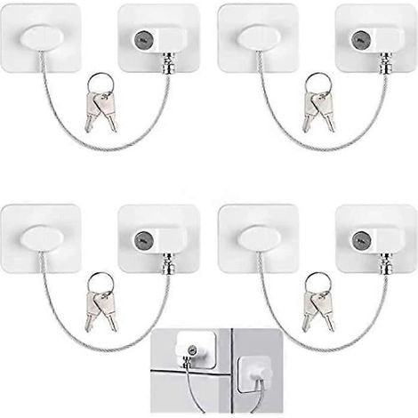 Verrou de réfrigérateur avec clé, compatible avec les réfrigérateurs, les armoires, les tiroirs et les fenêtres. Installation facile, sans perçage (lot de 2, rectangle blanc). (1/5)
