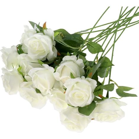 12 pièces Roses artificielles, Roses Blanc, Fleurs artificielles avec Longues tiges en Plastique pour Mariage, décoration d'intérieur